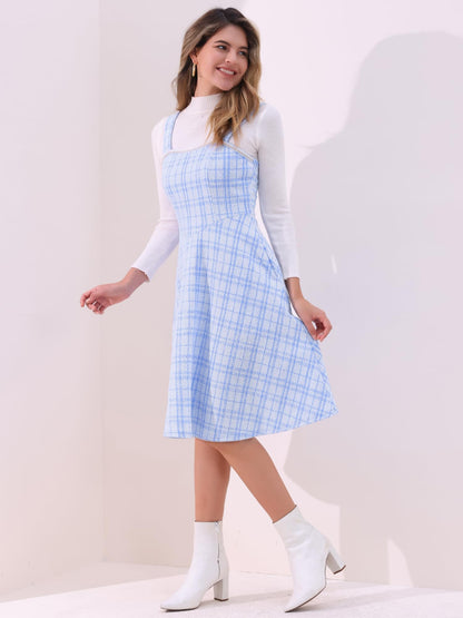 Allegra K Tweed Dress for Women Sleeveless Square Neck Plaid A-Line Pinafore Overall Dresses