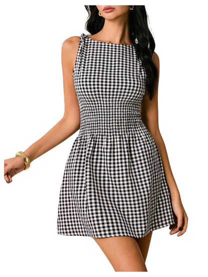 Floerns Women's Tie Shoulder A Line Gingham Dress Boat Neck Mini Checkered Elegant Dresses