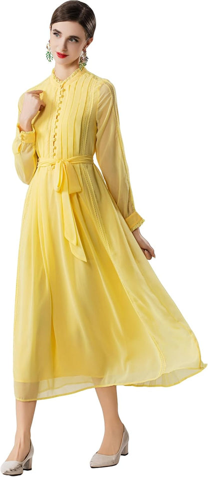 Women's 2026 Spring Fall Midi Dress with Belt Casual Long Sleeve Lace V Neck Pleated A Line Flowy Dresses for Work or Daily