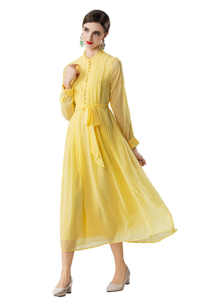 Women's 2026 Spring Fall Midi Dress with Belt Casual Long Sleeve Lace V Neck Pleated A Line Flowy Dresses for Work or Daily