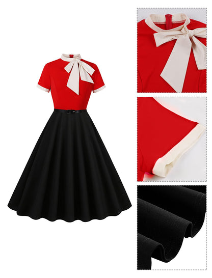 50s Style Dresses for Women Vintage Short Sleeve Tie Neck Swing Dress Midi Prom Dress with Belt