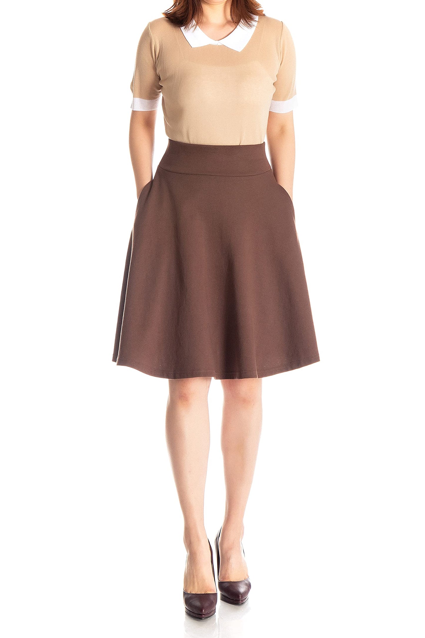 Dani's Choice High-Waisted Cotton Blend Skirt with Pockets - Knee Length A-line Flare for Business and Casual Wear