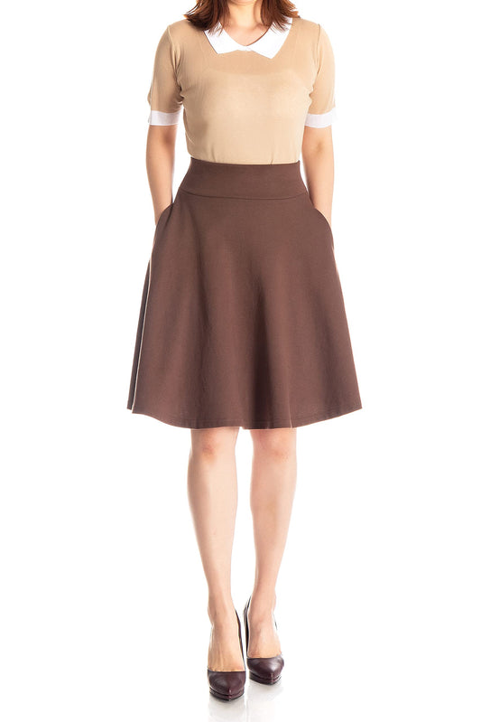 Dani's Choice High-Waisted Cotton Blend Skirt with Pockets - Knee Length A-line Flare for Business and Casual Wear