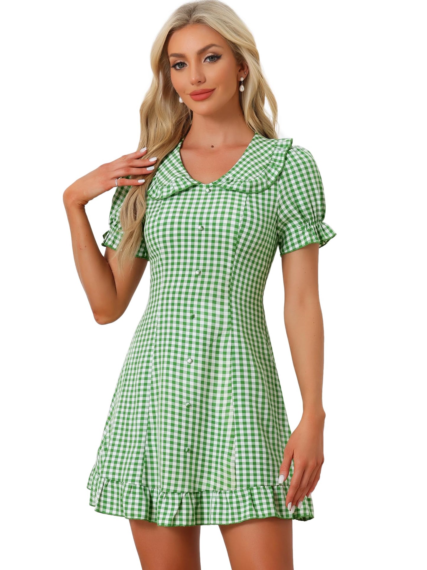 Allegra K Women's Gingham Checks Ruffled Peter Pan Collar Cute Mini Dress