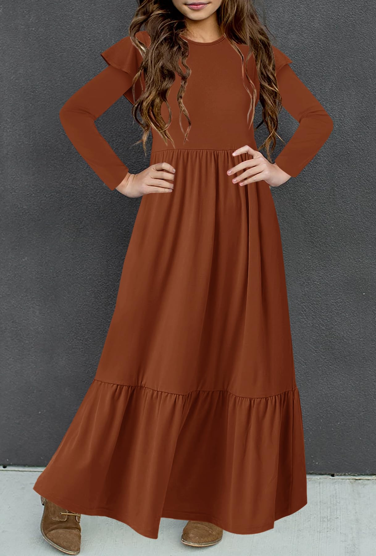 HOSIKA Girls Fall Ruffle Long Sleeve Crew Neck Loose Casual Flowy Tiered Maxi Dress with Pockets for 6-12 Y