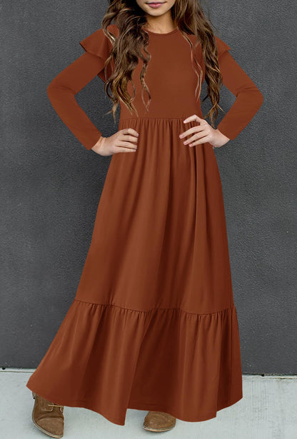 HOSIKA Girls Fall Ruffle Long Sleeve Crew Neck Loose Casual Flowy Tiered Maxi Dress with Pockets for 6-12 Y