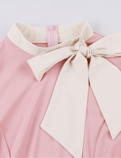 50s Style Dresses for Women Vintage Short Sleeve Tie Neck Swing Dress Midi Prom Dress with Belt