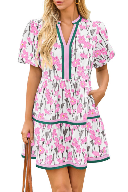 Cicy Bell Womens Summer Puff Sleeve V Neck Floral Mini Boho Beach Dresses | Short Length, Patchwork,Hawaiian,Vacation,Loose fit ,Print with pockets