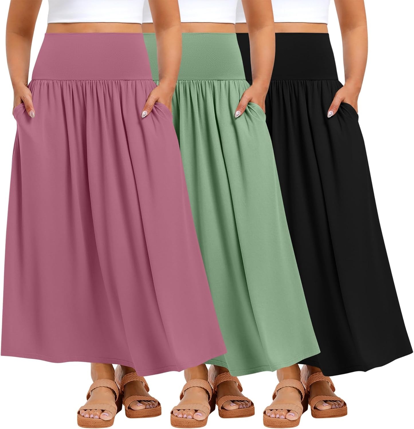 Ficerd 3 Pack Plus Size Maxi Skirts for Curvy Women Pockets Casual 2026 Boho Summer Flowy Long Skirt a Line High Waist Dress