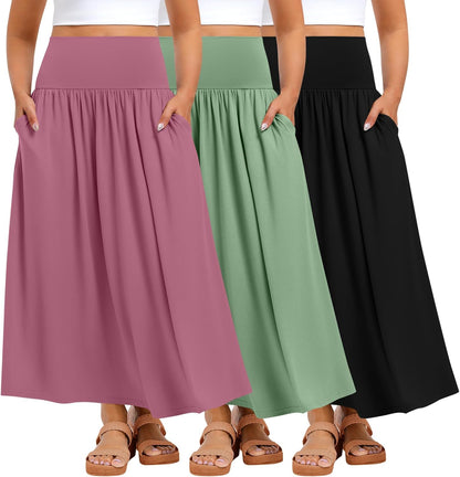 Ficerd 3 Pack Plus Size Maxi Skirts for Curvy Women Pockets Casual 2026 Boho Summer Flowy Long Skirt a Line High Waist Dress