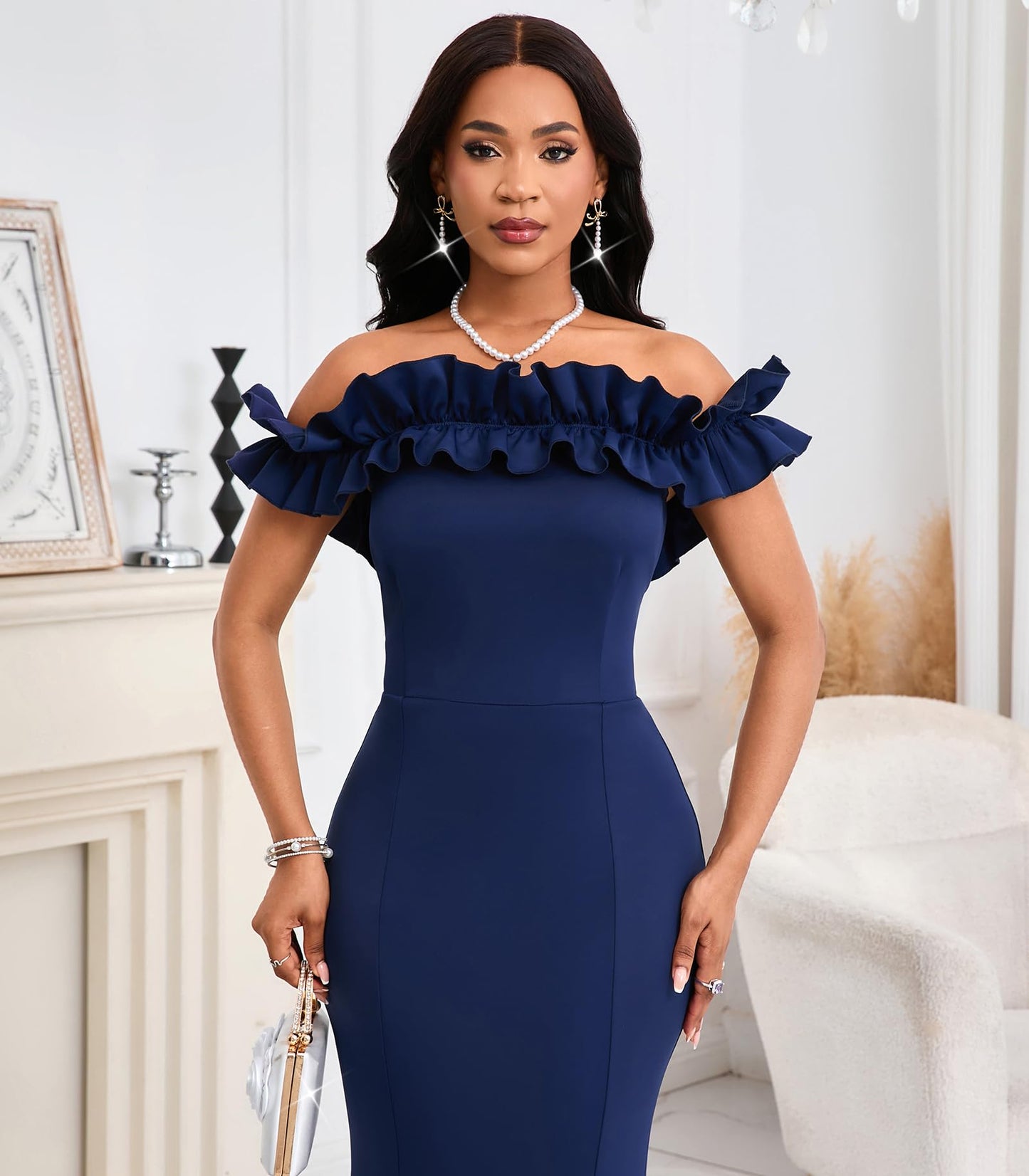 Cololura Sexy Floor-Length Off Shoulder Ruffles Stringy Selvedge Mermaid Bodycon Party Evening Maxi Dress
