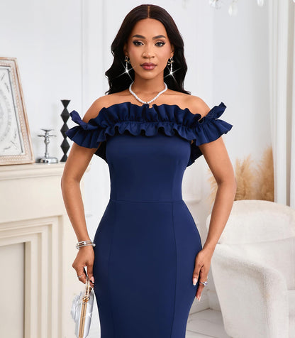 Cololura Sexy Floor-Length Off Shoulder Ruffles Stringy Selvedge Mermaid Bodycon Party Evening Maxi Dress
