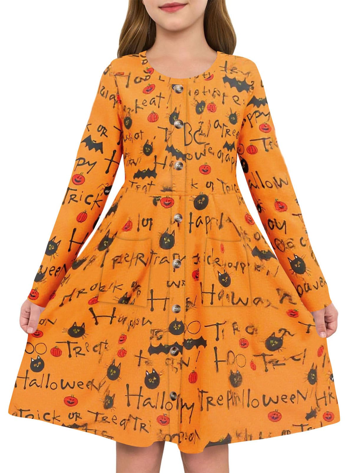 Girls Dresses Kids Button Down Midi Long Sleeve Casual A Line Dress with Pockets 4-14 Years