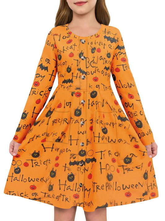 Girls Dresses Kids Button Down Midi Long Sleeve Casual A Line Dress with Pockets 4-14 Years