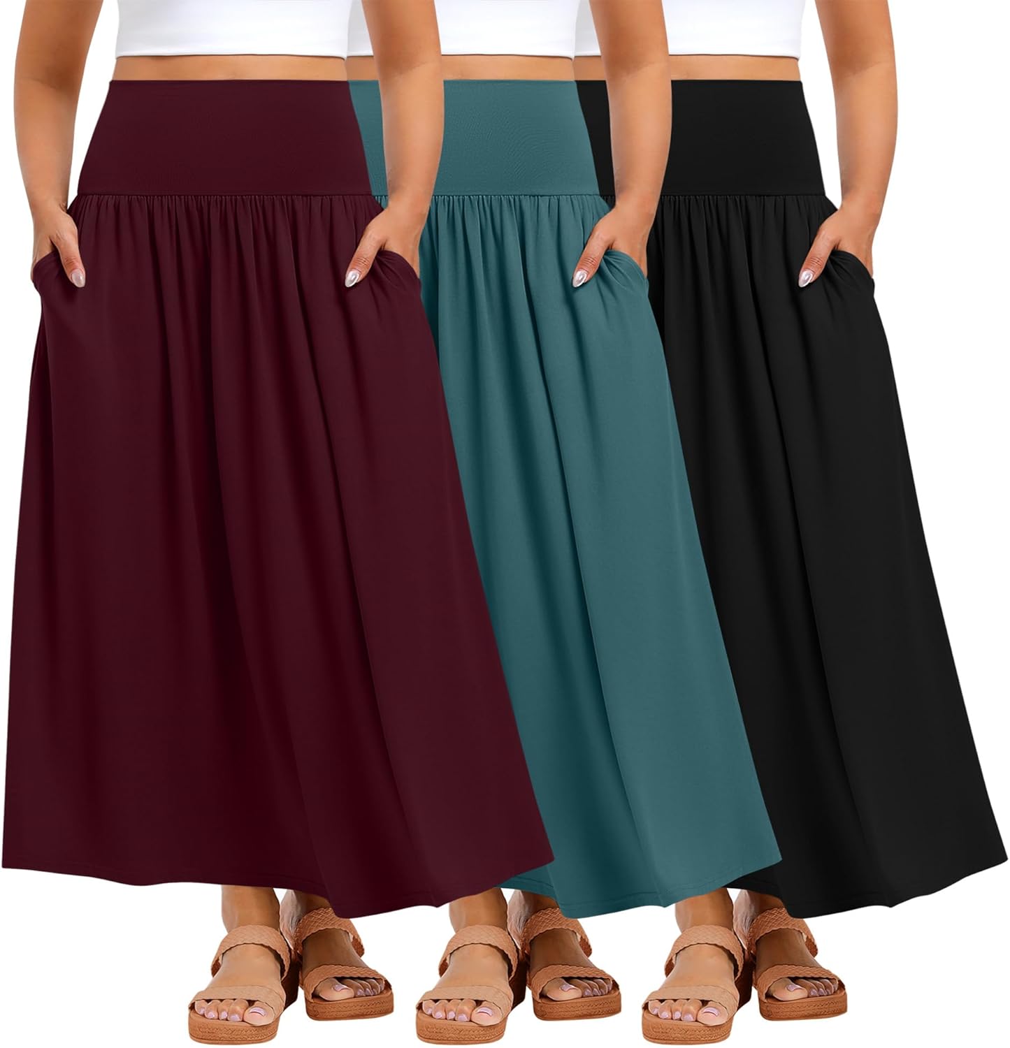 Ficerd 3 Pack Plus Size Maxi Skirts for Curvy Women Pockets Casual 2026 Boho Summer Flowy Long Skirt a Line High Waist Dress