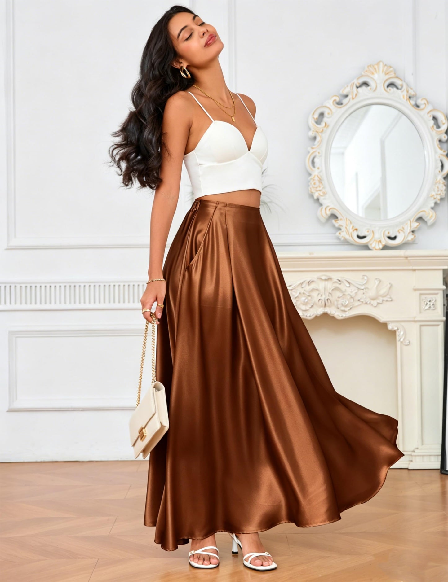 MAKABO Maxi Satin Skirts for Womens High Waisted Flowy Long A line Skirt Trendy for Office Holiday Party