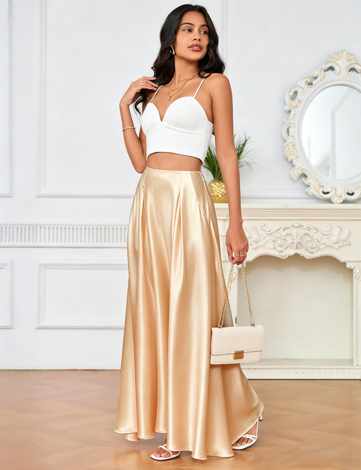 MAKABO Maxi Satin Skirts for Womens High Waisted Flowy Long A line Skirt Trendy for Office Holiday Party