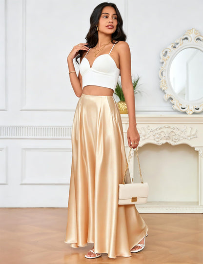 MAKABO Maxi Satin Skirts for Womens High Waisted Flowy Long A line Skirt Trendy for Office Holiday Party