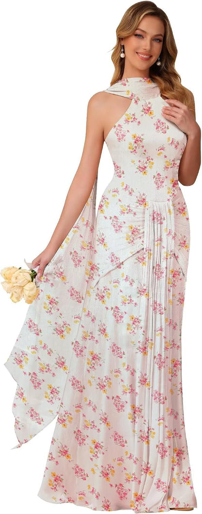Halter Bridesmaid Dresses Long with Scarf Shimmer Chiffon Formal Dress Pleated Mermaid Evening Gowns for Women
