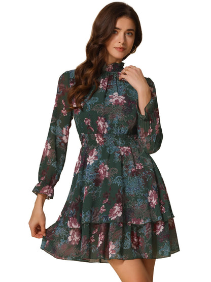 Allegra K Women's Floral Dress Chiffon Long Sleeve Mock Neck Ruffle Layered Smocked Mini Dresses