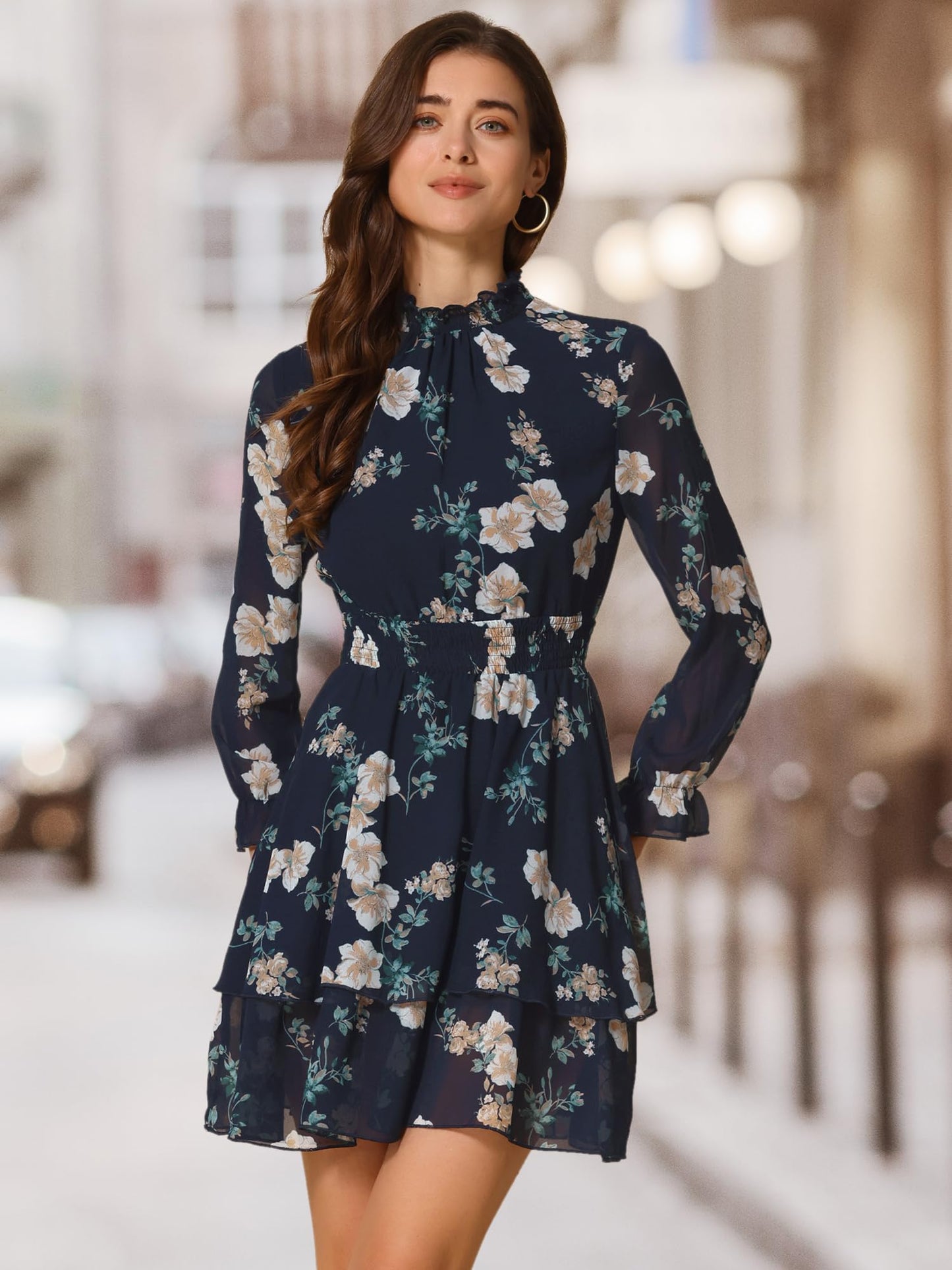 Allegra K Women's Floral Dress Chiffon Long Sleeve Mock Neck Ruffle Layered Smocked Mini Dresses
