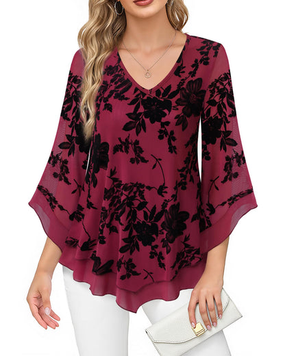 Lotusmile Womens Dressy Blouse Double Layers Mesh Shirt Ruffle 3/4 Flared Sleeve Tunic Tops