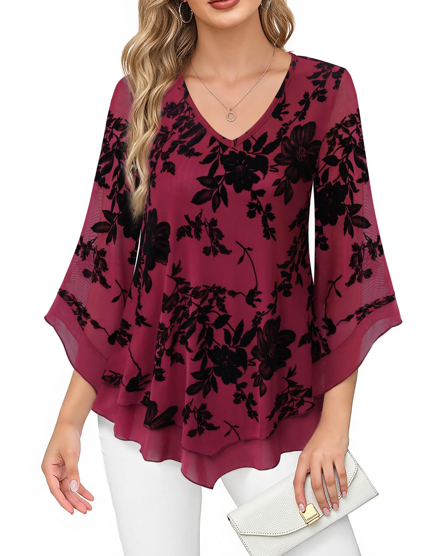 Lotusmile Womens Dressy Blouse Double Layers Mesh Shirt Ruffle 3/4 Flared Sleeve Tunic Tops