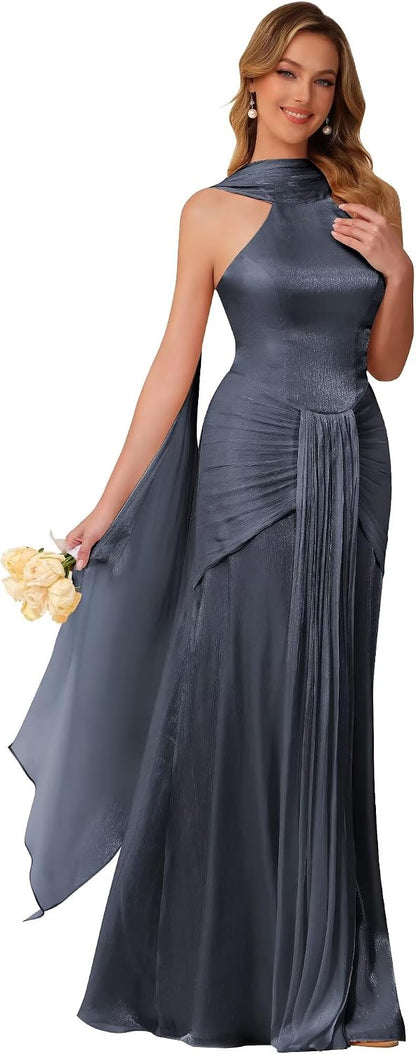 Halter Bridesmaid Dresses Long with Scarf Shimmer Chiffon Formal Dress Pleated Mermaid Evening Gowns for Women