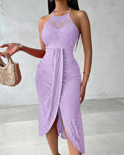 CHICME Womens Summer Halter Dress Hollow Out A Line Vacation Dresses with Eyelet Embroidery & Side Slit