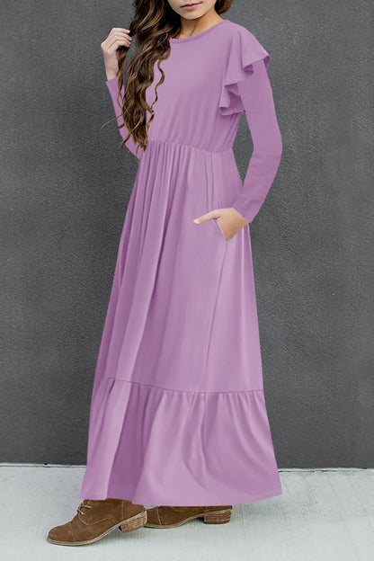 HOSIKA Girls Fall Ruffle Long Sleeve Crew Neck Loose Casual Flowy Tiered Maxi Dress with Pockets for 6-12 Y