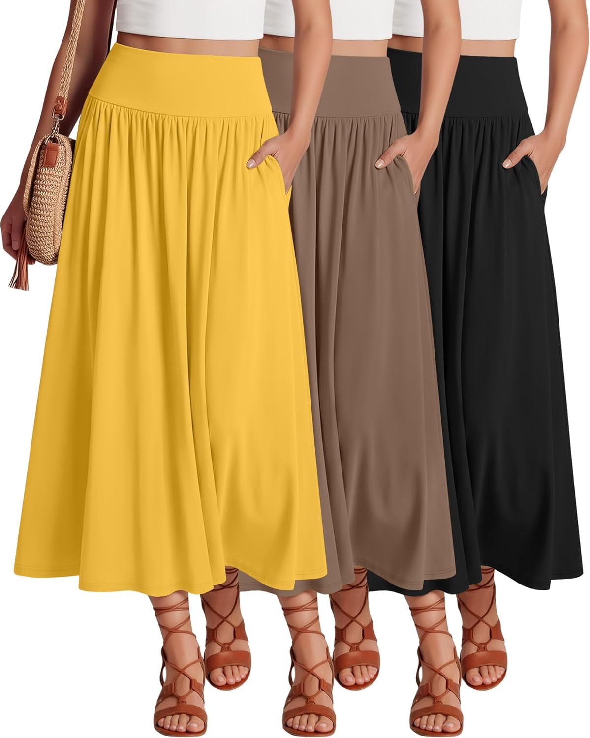 Ficerd 3 Pack Maxi Long Skirts for Women, Ankle Length High Waisted Pleated Flowy a Line Summer Casual Skirts with Pockets