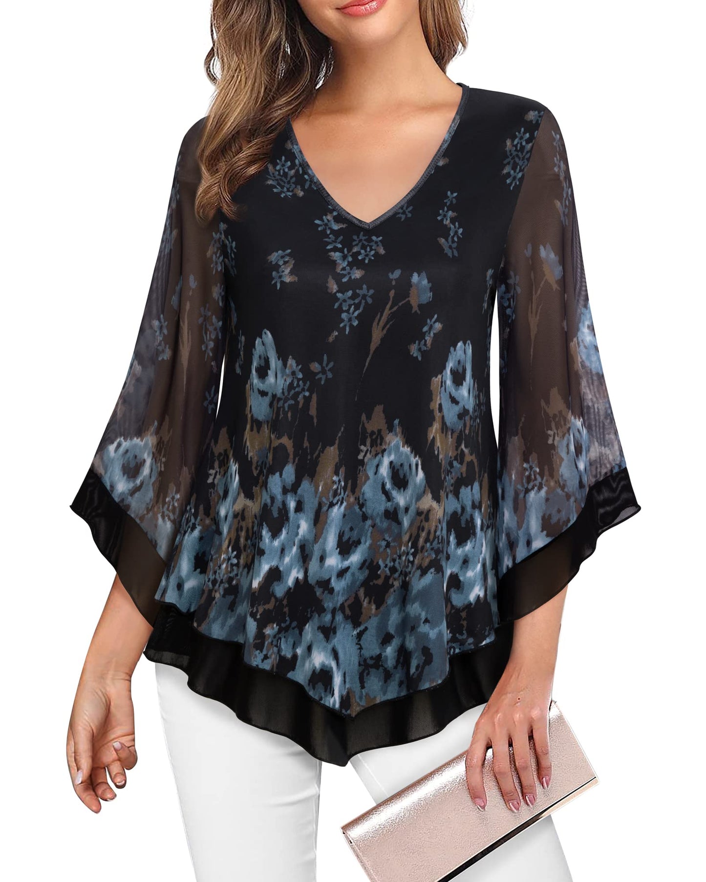 Lotusmile Womens Dressy Blouse Double Layers Mesh Shirt Ruffle 3/4 Flared Sleeve Tunic Tops