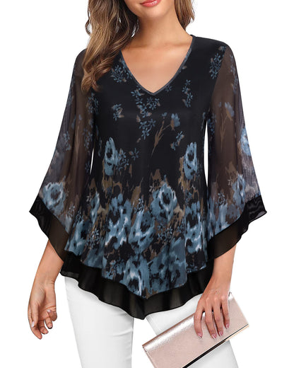 Lotusmile Womens Dressy Blouse Double Layers Mesh Shirt Ruffle 3/4 Flared Sleeve Tunic Tops