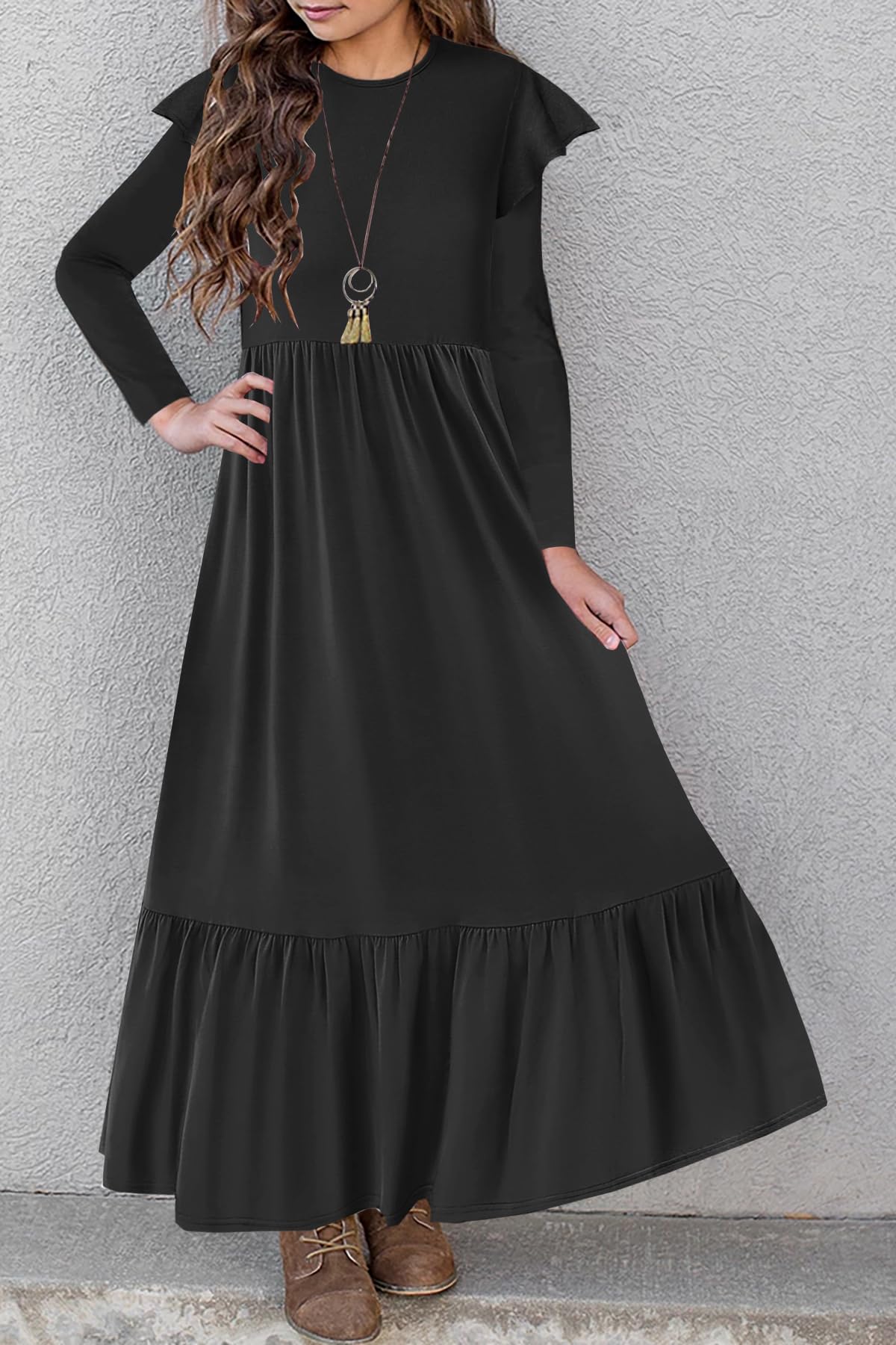 HOSIKA Girls Fall Ruffle Long Sleeve Crew Neck Loose Casual Flowy Tiered Maxi Dress with Pockets for 6-12 Y