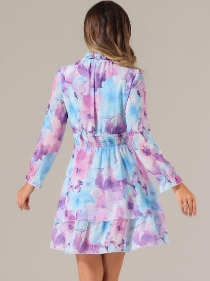 Allegra K Women's Floral Dress Chiffon Long Sleeve Mock Neck Ruffle Layered Smocked Mini Dresses