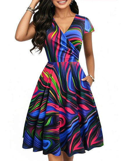oxiuly Women's Vintage Dot V-Neck Cap Sleeve Casual Pockets Swing Tea Dress OX296