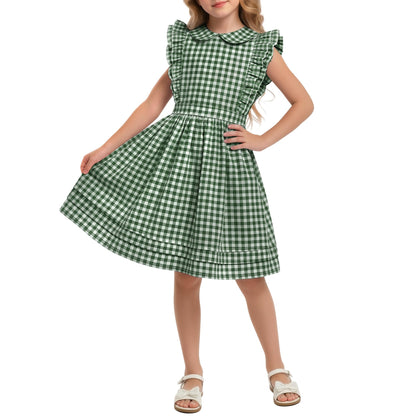 Xaatren Girls' Ruffle Sleeves Dress 5-14 Years Doll Collar Plaid Midi Length Gingham Flutter Pockets Summer Dress with Zipper