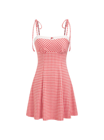 CIDER Womens Summer Gingham Dress Plaid Tie Spaghetti Strap Sleeveless Lace Trim Cute A Line Casual Mini Dresses Sundress