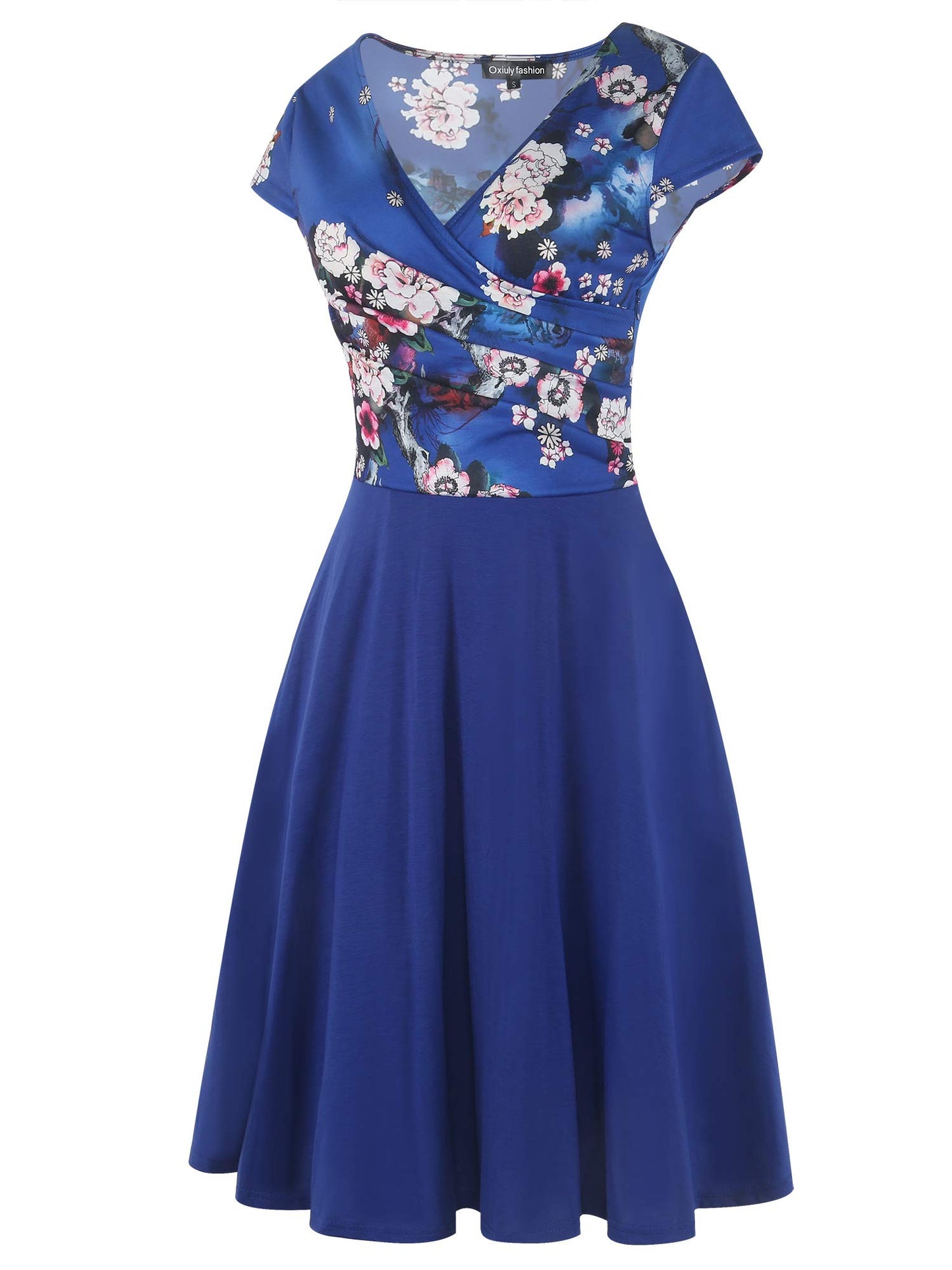 oxiuly Women's Vintage Dot V-Neck Cap Sleeve Casual Pockets Swing Tea Dress OX296