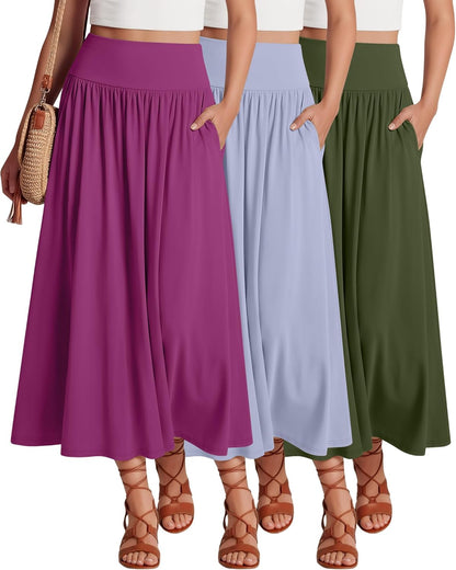Ficerd 3 Pack Maxi Long Skirts for Women, Ankle Length High Waisted Pleated Flowy a Line Summer Casual Skirts with Pockets