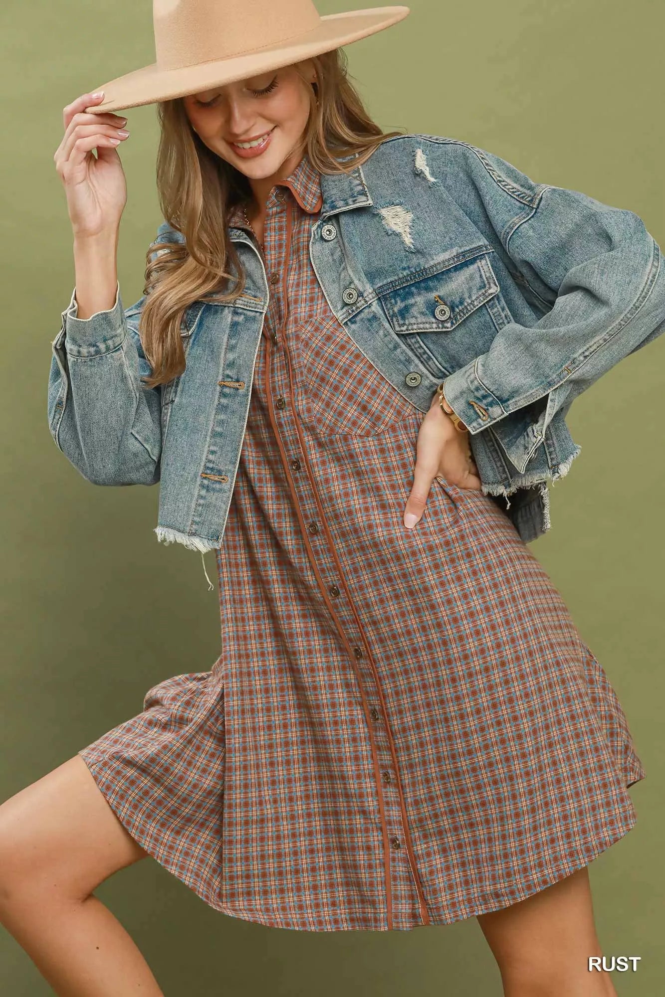 Umgee Plaid Button Down Oversized Shirt Dress