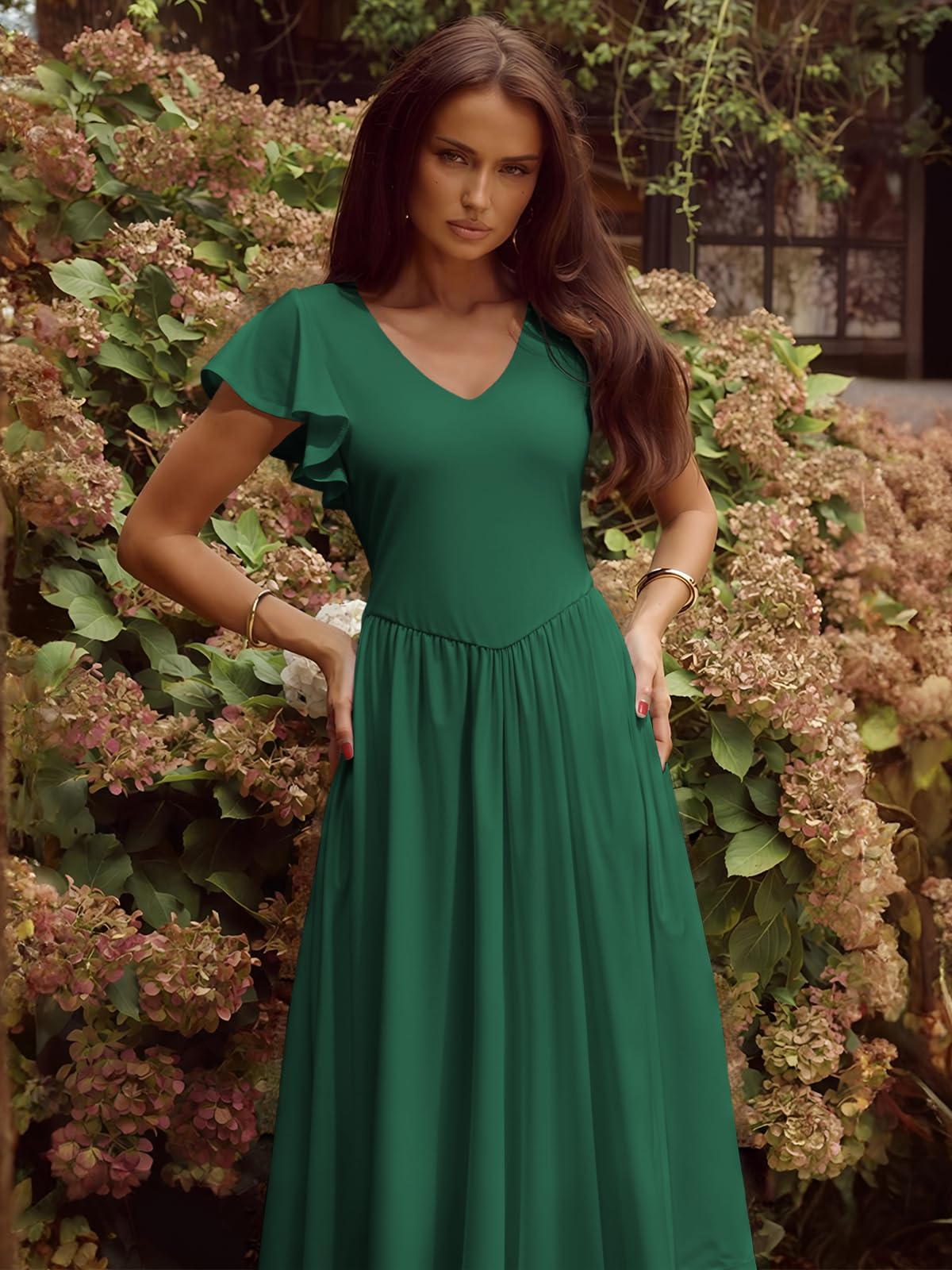 YUNDAI Women's Scoop Neck Flutter Sleeve Midi Dress with Pocket Elegant Flowy A Line Tie Back Dress