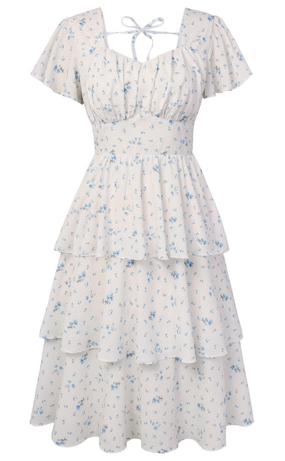 Belle Poque Women's Vintage Square Neck Dress 2026 Summer Short Sleeve Layered Tiered Ruffle A-line Swing Midi Dress