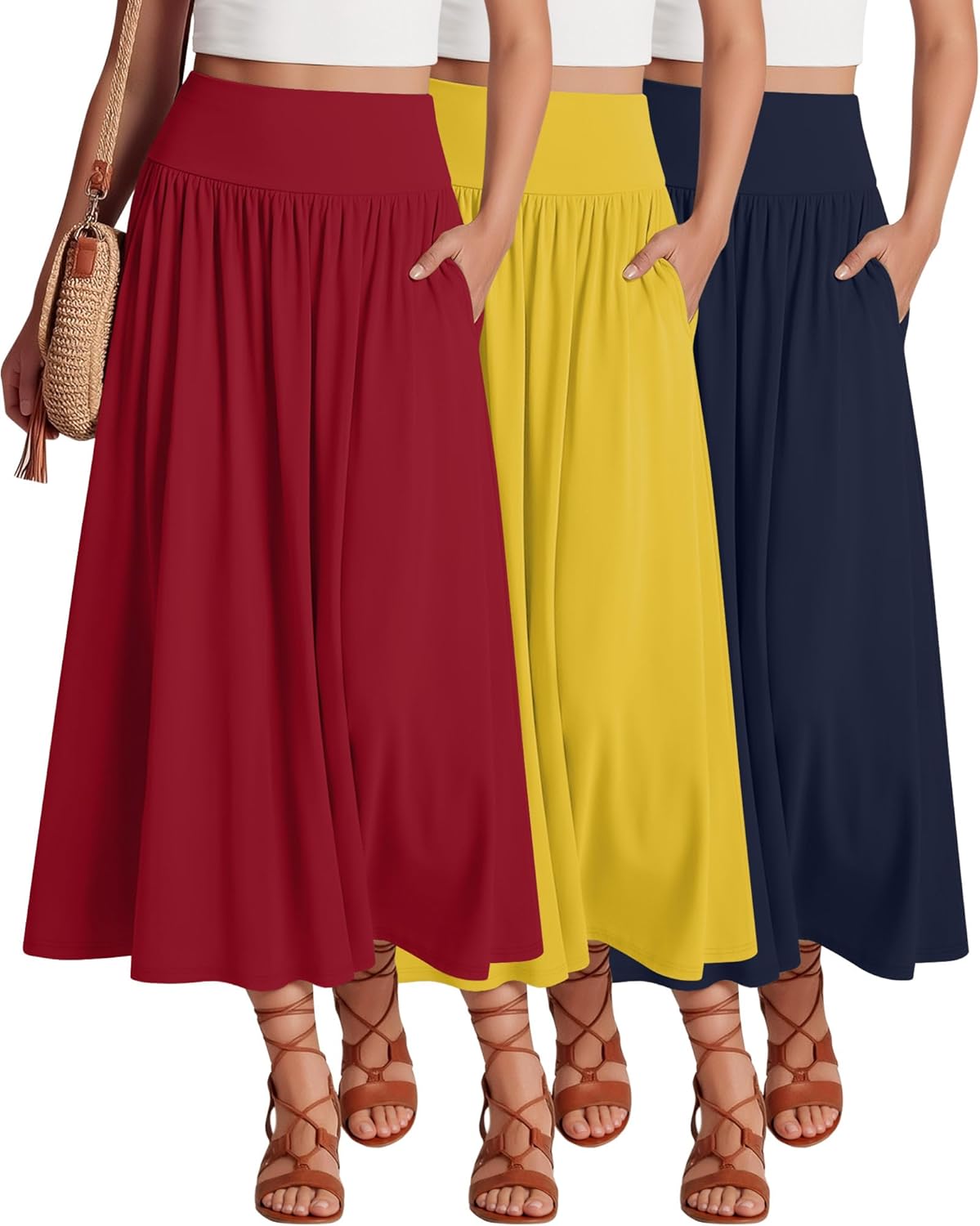 Ficerd 3 Pack Maxi Long Skirts for Women, Ankle Length High Waisted Pleated Flowy a Line Summer Casual Skirts with Pockets