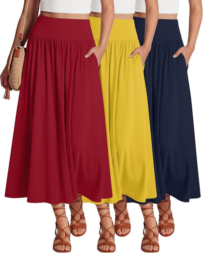 Ficerd 3 Pack Maxi Long Skirts for Women, Ankle Length High Waisted Pleated Flowy a Line Summer Casual Skirts with Pockets