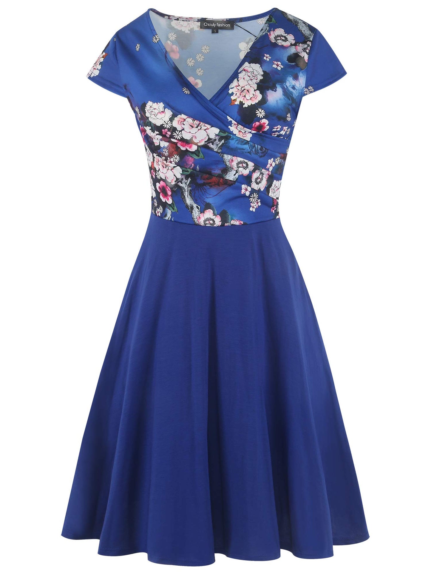 oxiuly Women's Vintage Dot V-Neck Cap Sleeve Casual Pockets Swing Tea Dress OX296