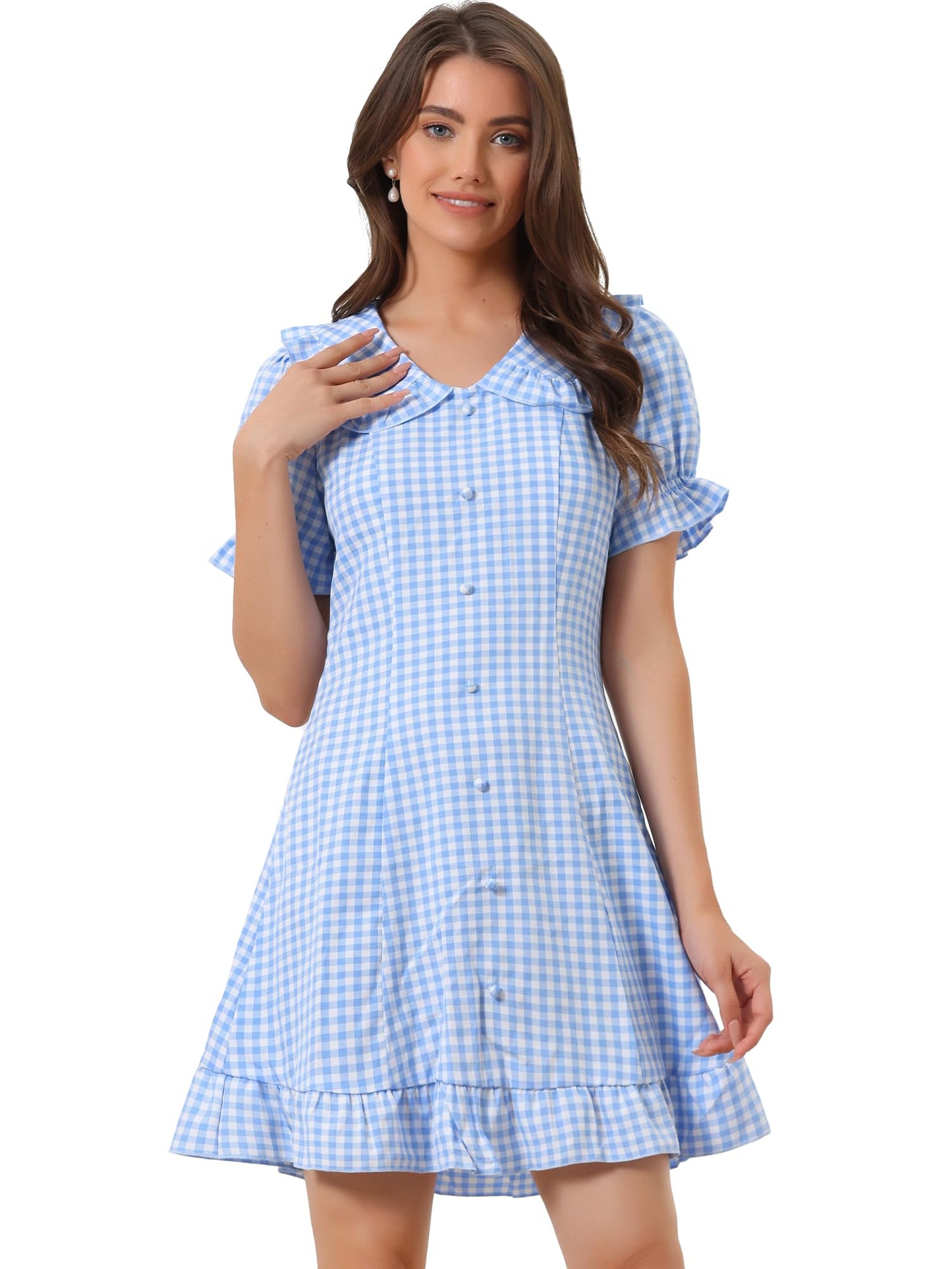 Allegra K Women's Gingham Checks Ruffled Peter Pan Collar Cute Mini Dress