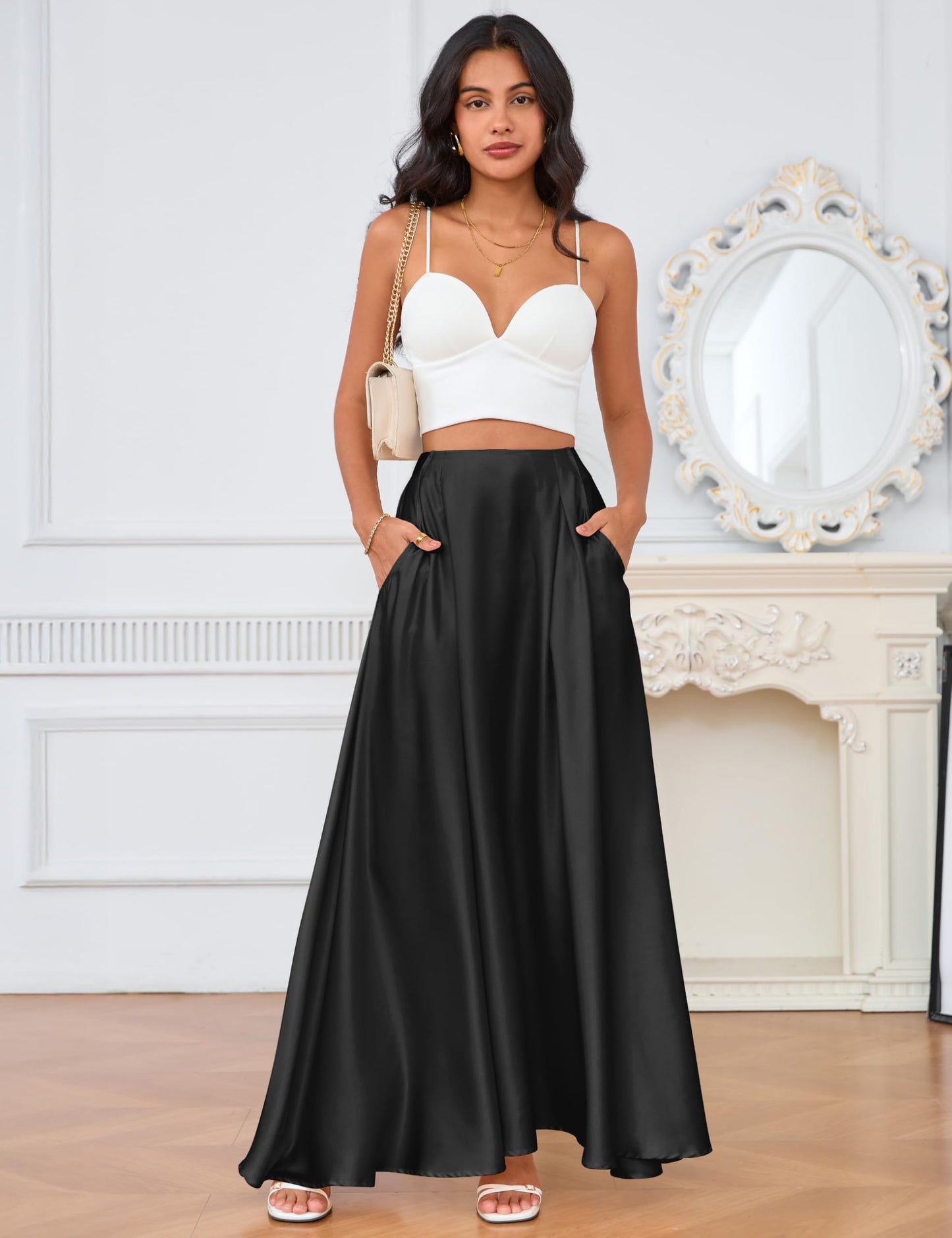 MAKABO Maxi Satin Skirts for Womens High Waisted Flowy Long A line Skirt Trendy for Office Holiday Party