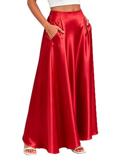 MAKABO Maxi Satin Skirts for Womens High Waisted Flowy Long A line Skirt Trendy for Office Holiday Party