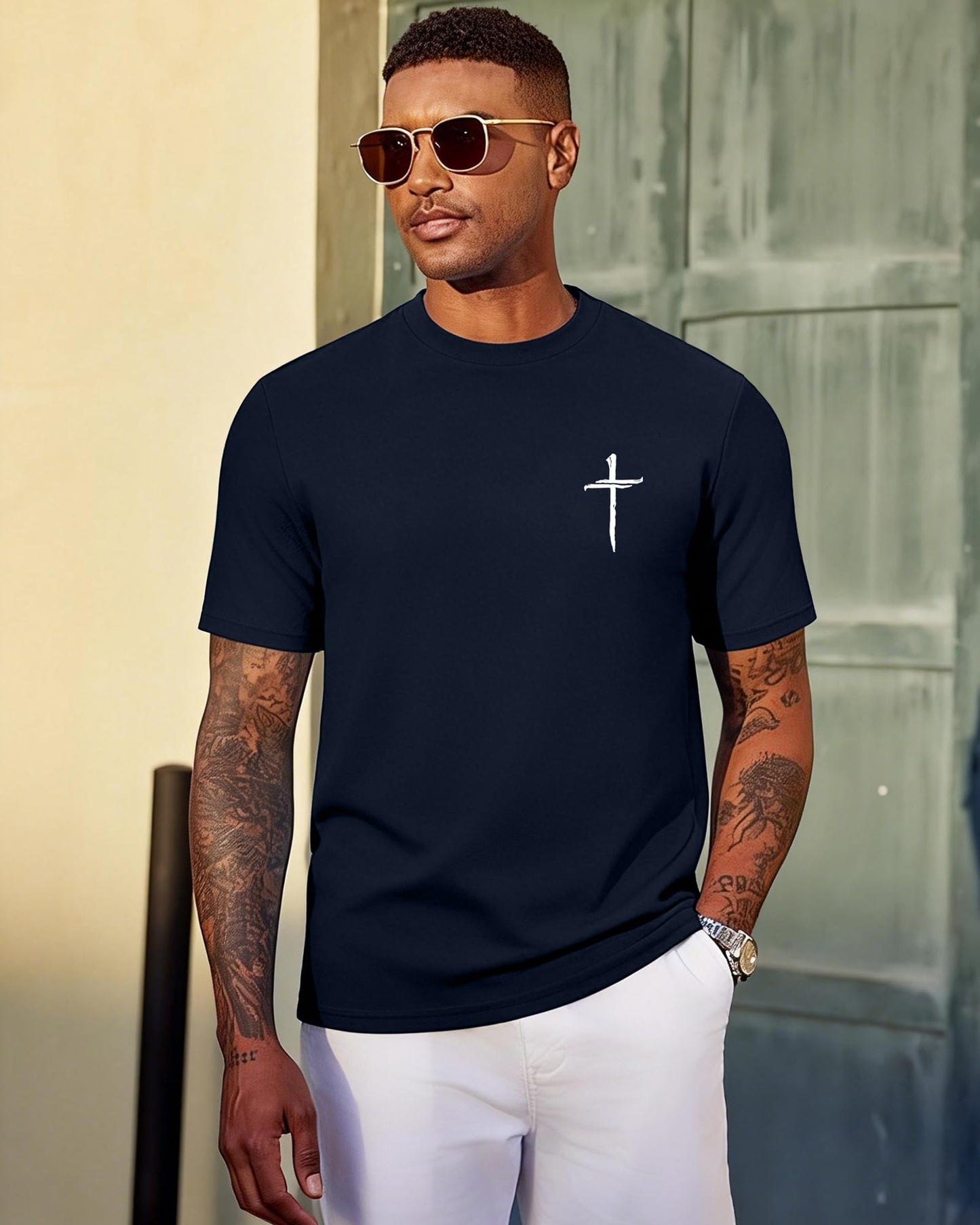 Aiyino Mens Cotton Christian Cross Graphic T Shirt Minimal Faith Casual Crew Neck Tee for Church